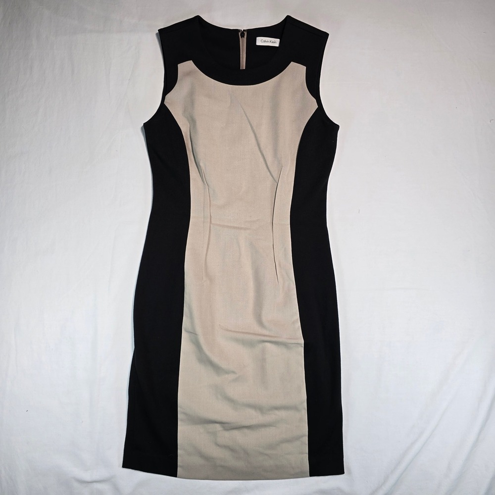 Calvin Klein Womens Colorblock Sheath Dress Black Tan Sleeveless CDUG4476
